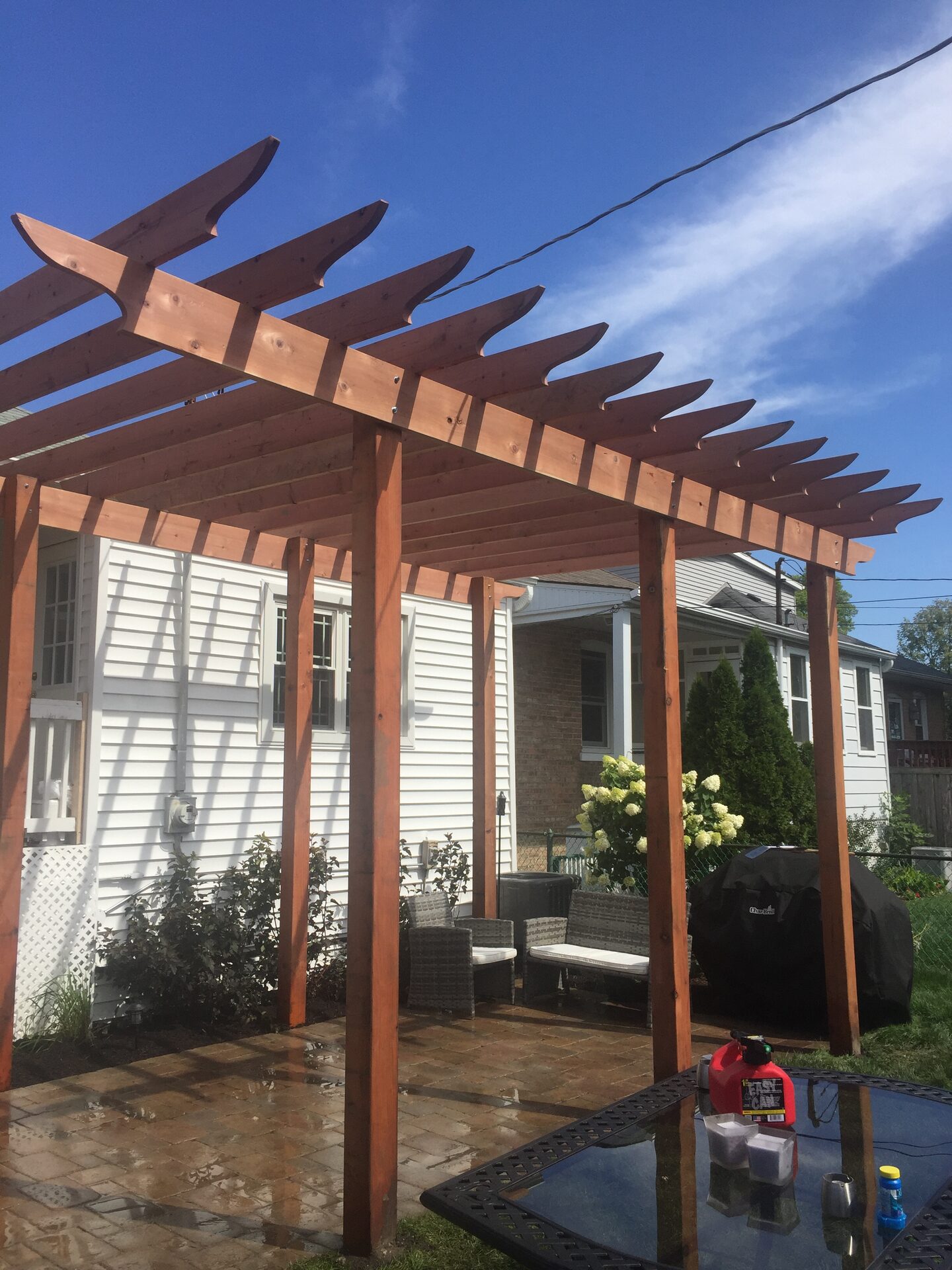 Pergola frame viewed from below during construction